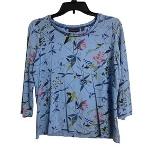 Amber Sun Blue Floral Botanical Print 3/4 Sleeve Knit Top Size M